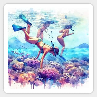 Artistic illustration of a beach scene from underwater Sticker